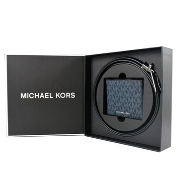 MICHAEL KORS 男款 緹花LOGO防刮短夾/雙面用皮帶禮盒-藍色
