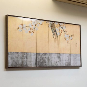 藝術掛畫｜琳派｜酒井抱一｜櫻圖屏風 - 橡木色鋁框-40*80cm