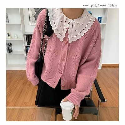 鍵網ニット カーディガン 全4色 ベージュ ピンク パープル グレー FREE 