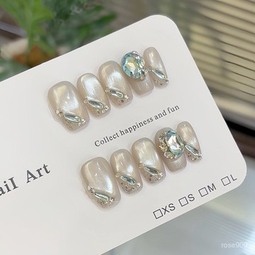 ✨Hannah✨純手工【海鹽藍冰】高級玻璃珠貓眼閃亮粘鑽亮片輕奢白開水氛圍感精緻穿戴甲 NBHD