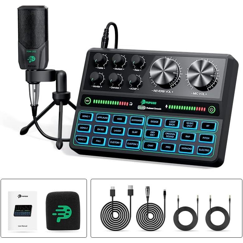 P PUPGSIS Podcast Equipment Bundle with XLR Condenser Large Diaphragm Microphone, Podcast Starter Kit with Audio Interface-All in