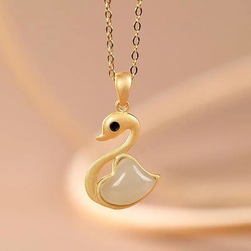 鍍18K鎏金白玉個性簡約百搭氣質黑眼小天鵝女士吊墜復古銀飾項鏈