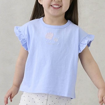 日本 petit main - 可愛荷葉袖短袖上衣-貝殼-藍紫