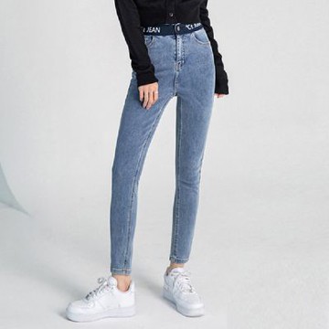 牛仔褲 高腰織帶牛仔窄管長褲DU9796-創翊韓都