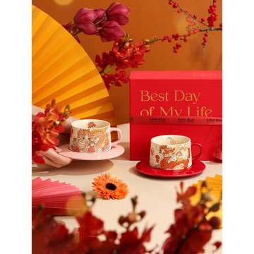 藍蓮花羨鳥文社龍年限定杯子家用咖啡杯碟套裝禮盒陶瓷對杯伴手禮