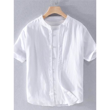 亞麻短袖襯衫圓領男士休閑透氣柔軟棉麻料日系寬松潮立領白色襯衣