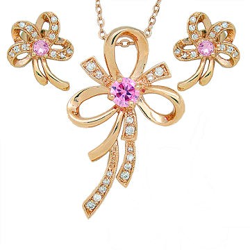 【Charme】八心八箭粉鑽蝴蝶結 項鍊耳環套組