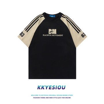KKyesiou美式復古潮牌三條杠短袖T恤男女oversize夏情侶街頭上衣