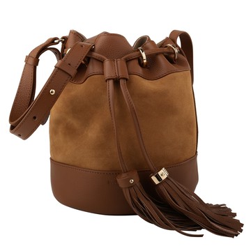 See by Chloe-麂皮拚皮革流蘇拉束水桶包（焦糖色）中款_廠商直送