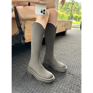 V口厚底磨砂圓頭不過膝長筒靴