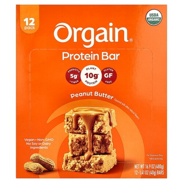 Orgain, 有機植物蛋白棒，花生醬，12 條，每條 1.41 盎司（40 克）