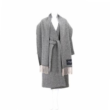 Max Mara-WEEKEND ZENICA 附圍巾 黑米色人字紋裡 綁帶羊毛大衣 外套