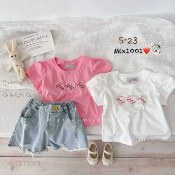 🌈✨mix1001 韓版 小珍珠釘珠邊框愛心短版上衣✨兒童愛心印圖短版上衣 5-23