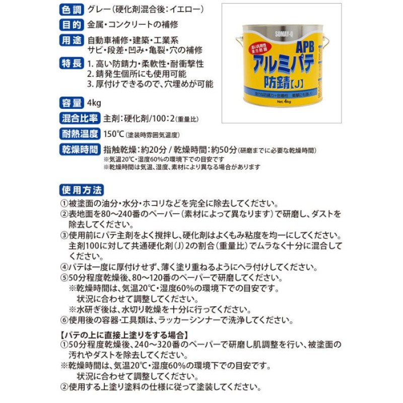 アルミパテ防錆Ｊ （主剤4kg＋硬化剤80g）セット （127519/169327/染め