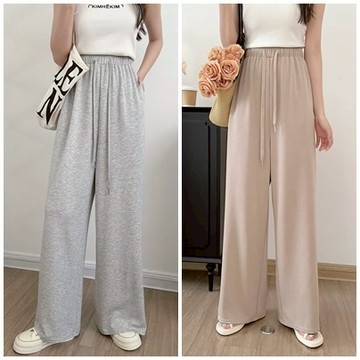 空氣棉長褲 鬆緊腰 抽繩 闊腿寬褲 拖地褲 棉質長褲 高腰綁繩落地褲 涼感 寬褲 長褲 四季皆宜長褲 闊腿褲