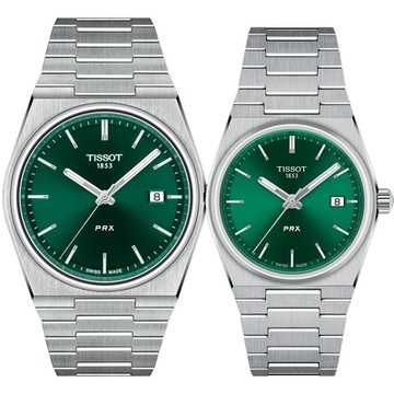 TISSOT 天梭 官方授權 PRX系列 70年代復刻石英對錶 情侶手錶 99購物節送禮推薦-綠 T1374101109100+T1372101108100