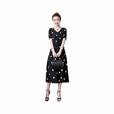 レディース 半袖 ドットワンピース ミディアム丈 ひざ下丈 ウエストリボン きれいめ カジュアル 黒 L Ll 3l 4l 通販 Lineポイント最大get Lineショッピング