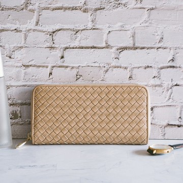 【禮盒】真皮經典編織長夾 X0130 奶茶N