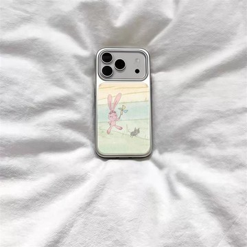 ins風手機保護殼⭐ins復古可愛小兔插畫電鍍銀非磁吸適用蘋果iPhone17promax手機殼1