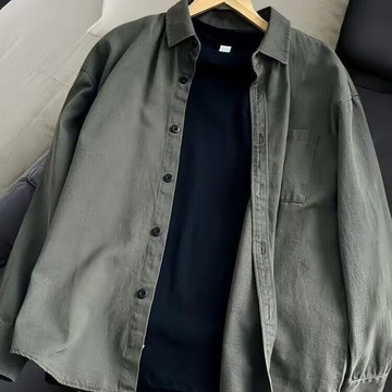 卡其色男士工裝襯衫日系春秋季美式長袖新款襯衣寬鬆休閒百搭外套 高質感 韓國街頭 外套 寬鬆