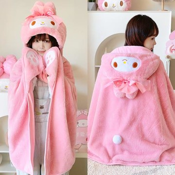 可愛卡通美樂蒂連帽披風居家眼罩頸枕帽宅家斗篷披肩辦公午睡毯