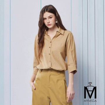 MYVEGA麥雪爾 MA經典大地色直紋襯衫-卡其
