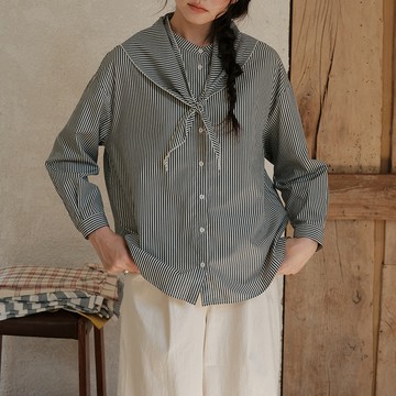 條紋立領可拆領結文藝襯衫651979