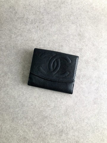 [日本直送，品牌二手包] CHANEL 香奈兒錢包，黑Coco 標誌，皮革，雙折，復古，舊 twdca6