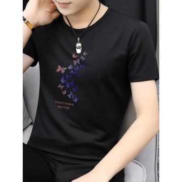 莫代爾黑色t恤男士短袖2025夏季新款潮流圓領半袖冰絲冰感上衣服