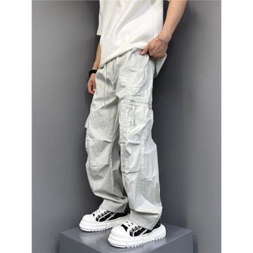 2025早秋拉鏈口袋休閑褲寬松直筒闊腿長褲子男裝運動工裝褲傘兵褲