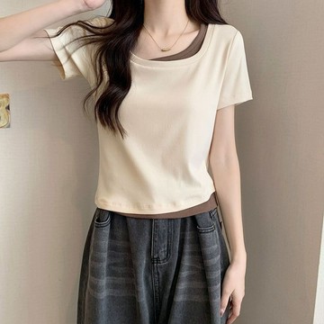 ✨假兩件 拼接撞色 冰絲短袖t恤女 夏季新款 修身 大碼 顯瘦 打底衫 拼接假兩件上衣ins 潮款上衣優優