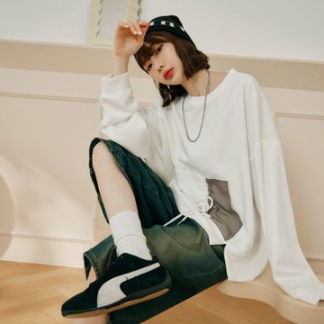 OB嚴選中大尺碼-異材質拼接造型口袋長袖上衣《AB20206》