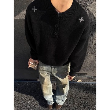 復古慵懶風百搭刺繡毛衣男秋冬美式針織衫老錢風打底衫男