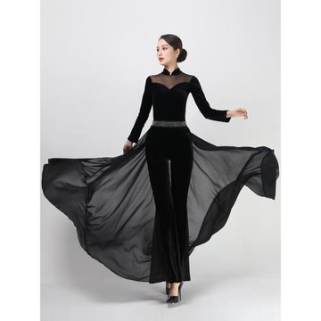 導師形體訓練服秋冬長袖金絲絨型體禮儀舞蹈套裝模特走秀腰封飄紗