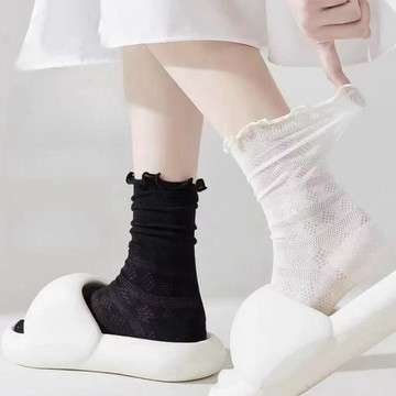 ins潮 百搭 襪子 透氣中筒襪 花邊襪 鏤空網眼襪 純色棉襪 夏薄款襪子 蕾絲襪 堆堆襪 中筒襪 長襪