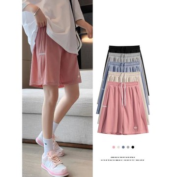 薄款冰絲短褲女2025年春秋新款寬松高腰直筒褲休閑闊腿運動五分褲