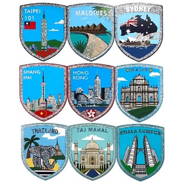 A-ONE 旅遊玻璃靜電貼紙 各國旅遊蒐集紀念地標貼紙 6x7.5 cm/張 共9張  金蔥彩色