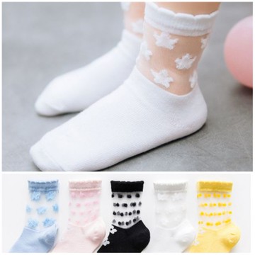 現貨5雙裝鏤空小花和點點拼接棉質兒童中筒襪 1-12歲兒童網眼短襪
