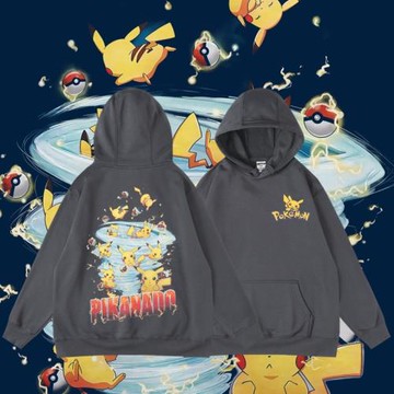 日系動漫皮卡丘寶可夢游戲聯名周邊連帽加絨套頭寬松秋冬衛衣男女