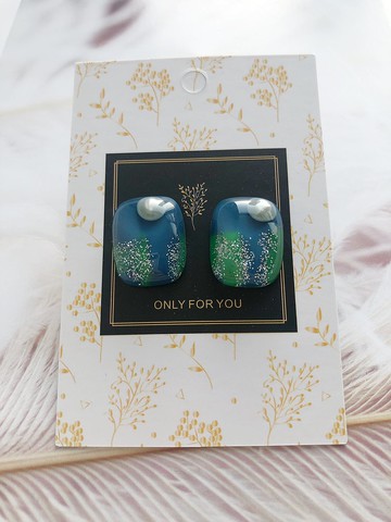 藍色長方形耳釘