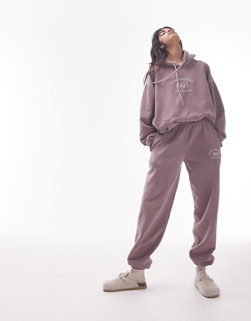 Topshop co-ord stockholm embroidered vintage wash oversized cuffed jogger in plum-Purple