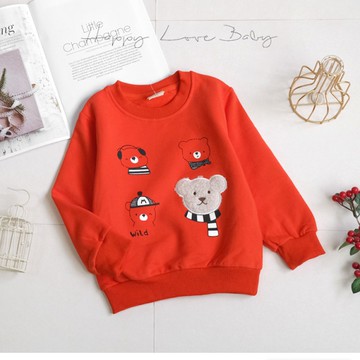 厚款 小熊戴圍巾活潑橘刷毛上衣 秋冬童裝 男童上衣 男童長袖 男童棉T 男童T恤 長袖上衣 刷毛