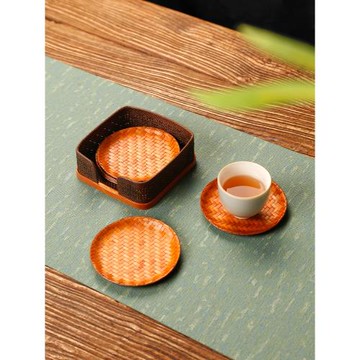 大漆竹席茶杯墊套裝純手工竹編杯托家用隔熱墊子禪意茶墊組合配件