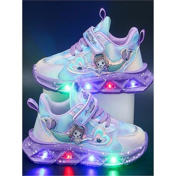 2026新款卡通春秋女童運動鞋公主閃燈鞋兒童休閑發光鞋美人魚保暖