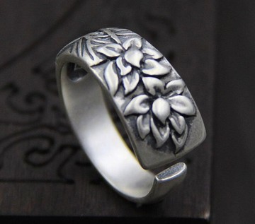 真正的 S 925 純銀泰國女式民族開口戒指手工壓花花卉