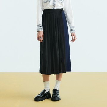 OUWEY歐薇 設計感撞色拼接百褶裙寬褲(黑色；S-L)3233326602