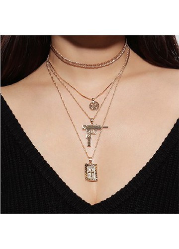 Gold Metal Pistol Pendant Layered Necklace