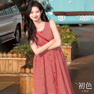 初色  圓領無袖單排釦收腰格紋連身裙長裙連衣洋裝-紅色格子-11776(M-2XL可選)