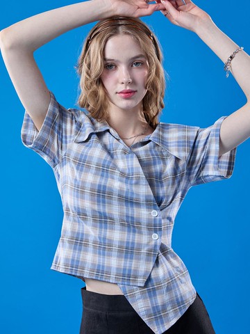 Midi Crop Wrap Off-shoulder Check Slim Short-sleeve Shirt [Pale Blue]