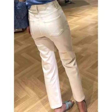 米白色直筒牛仔褲女小個子秋冬加絨窄版春秋煙管法棍高腰顯瘦褲子
